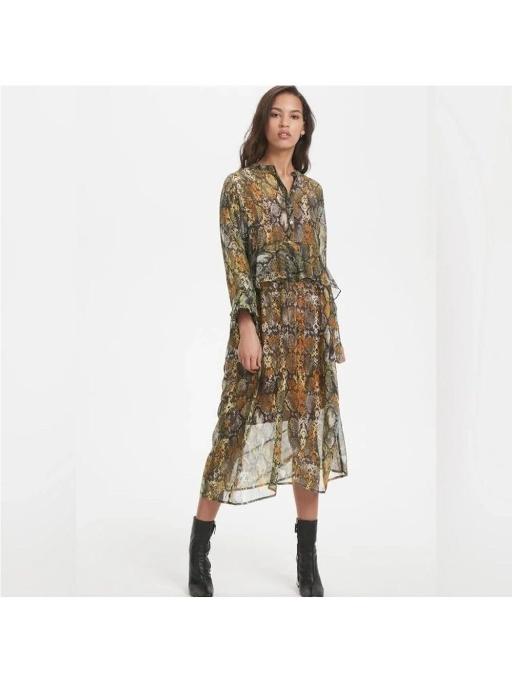 Karen by Simonsen Marrow Sheer Long Sleeve Snake Print Midi Dress, size 8